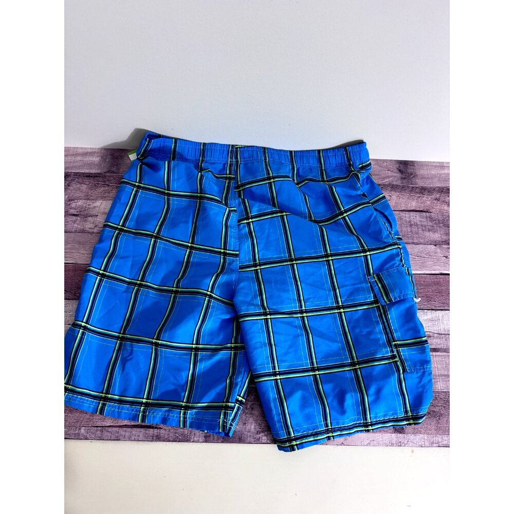 NBN Gear Men's Swim Trunks Mesh Cargo Pocket Blue/Yellow/Black Plaid Long 2X